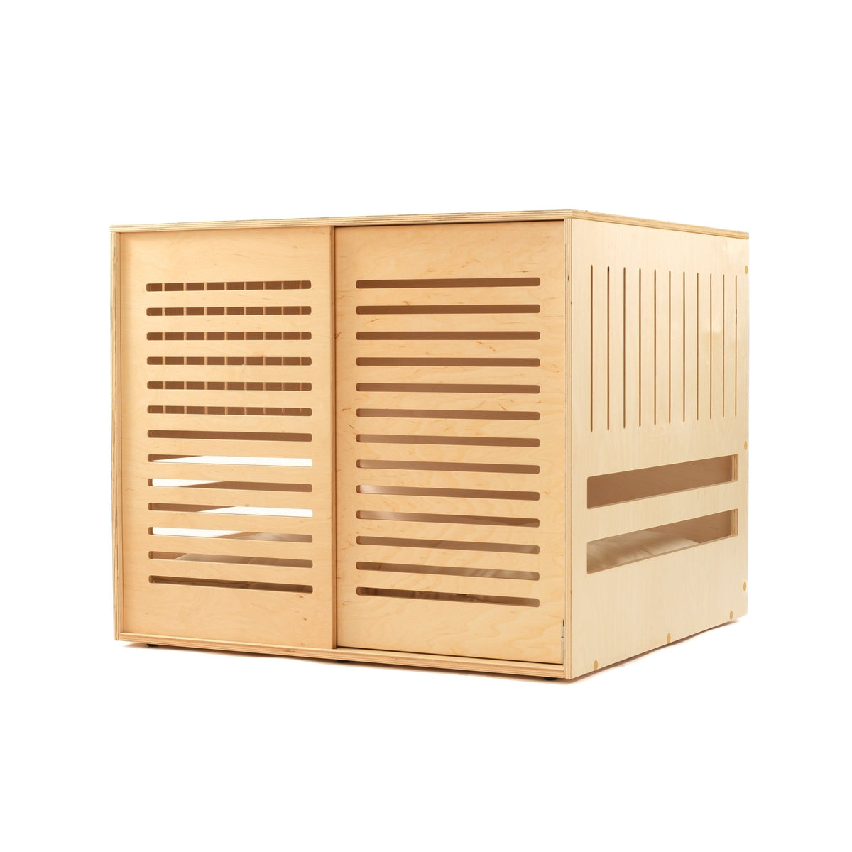 Dordrecht Coupe Natural, a birch plywood dog crate with sliding doors